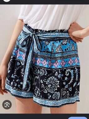 Loft Waist Tie Belt Blue & Black Boho Paisley Shorts W/ Pink Accents Size Small